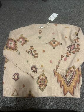 Hartford Cream Aztec-Print Crewneck Sweater with Pink and Mustard Accents